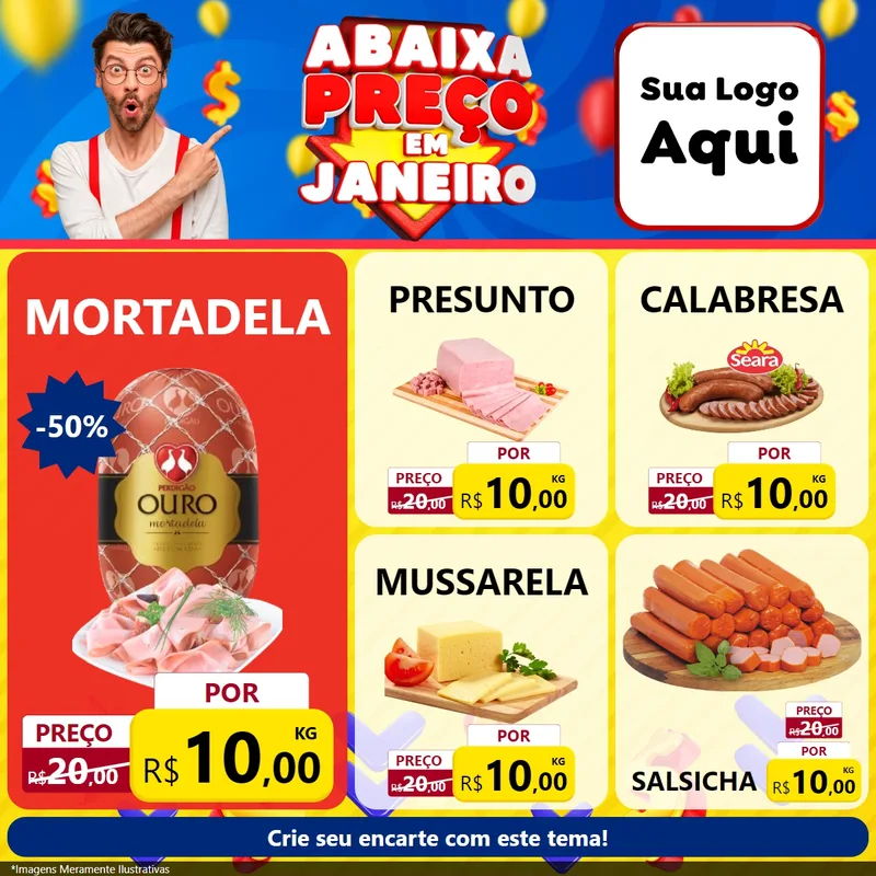 Modelo de Rede Social para Feed Facebook com o tema Abaixa Preço em Janeiro para Frios e Laticínios
