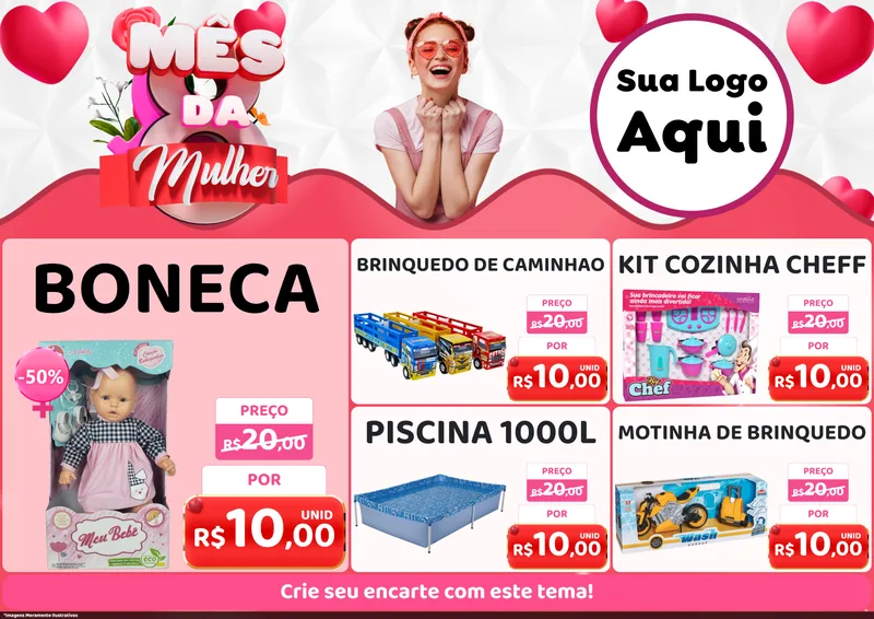 Modelo de Encarte para Encarte A4 Horizontal com o tema Mês da Mulher para Brinquedos