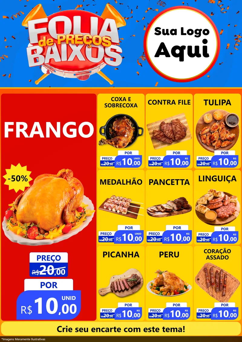 Modelo de Encarte para Encarte A4 Vertical com o tema Folia de Preços Baixos para Assados