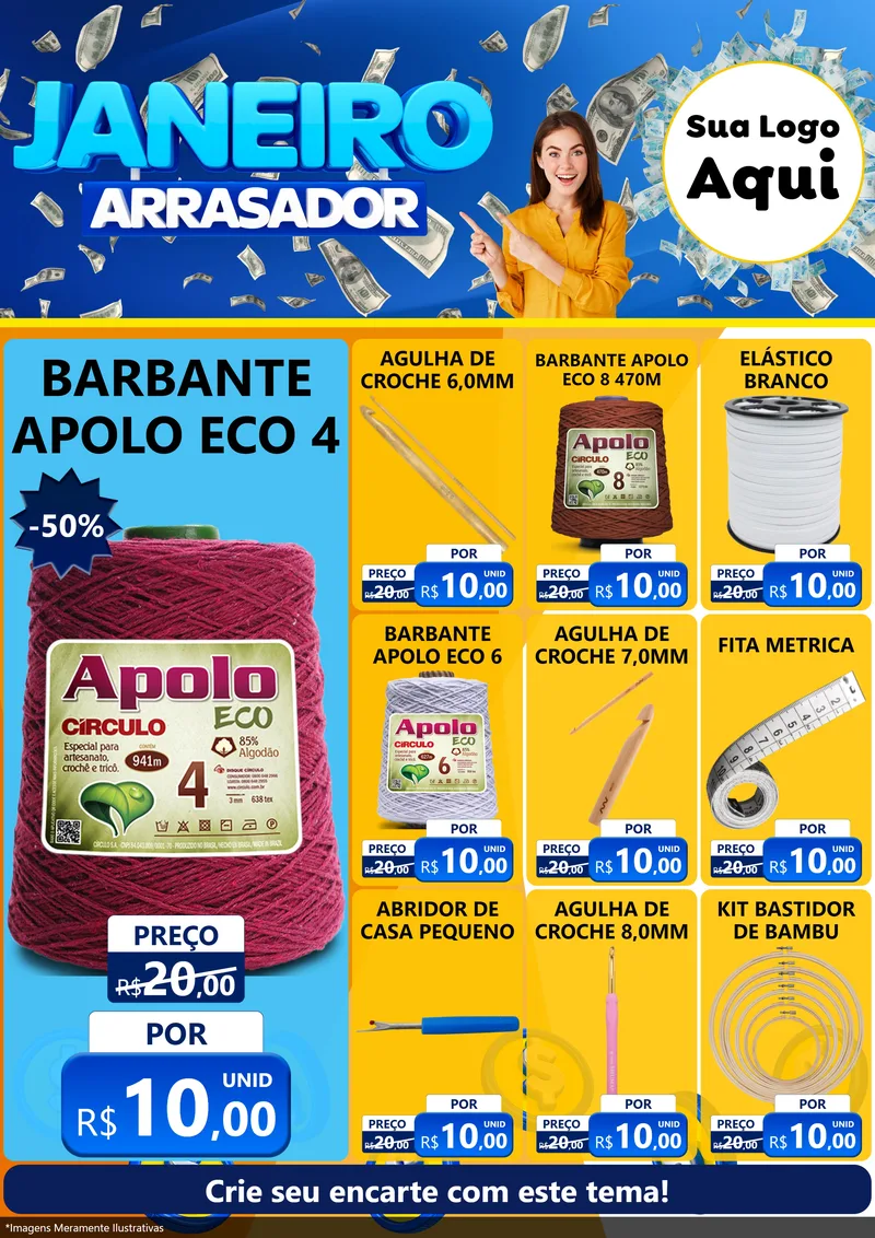 Modelo de Encarte para Encarte A4 Vertical com o tema Janeiro Arrasador para Armarinho e Aviamentos