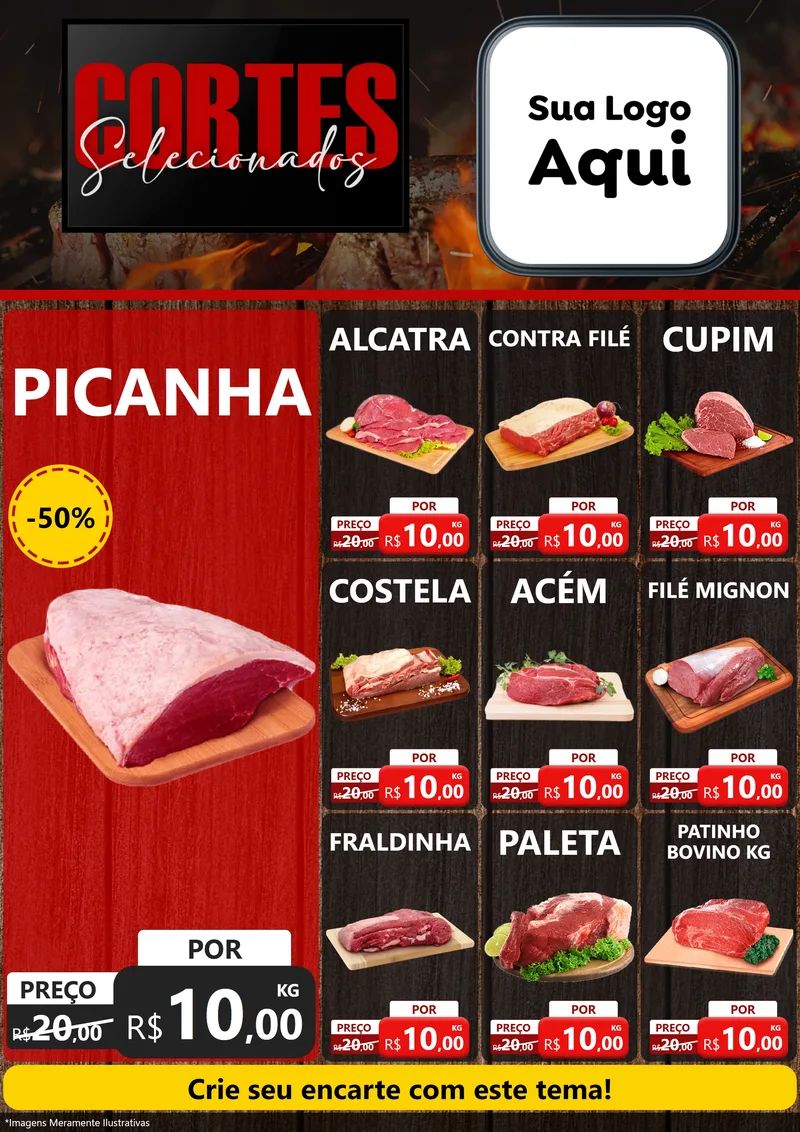 Modelo de Encarte para Encarte A4 Vertical com o tema Cortes Selecionados para Açougue
