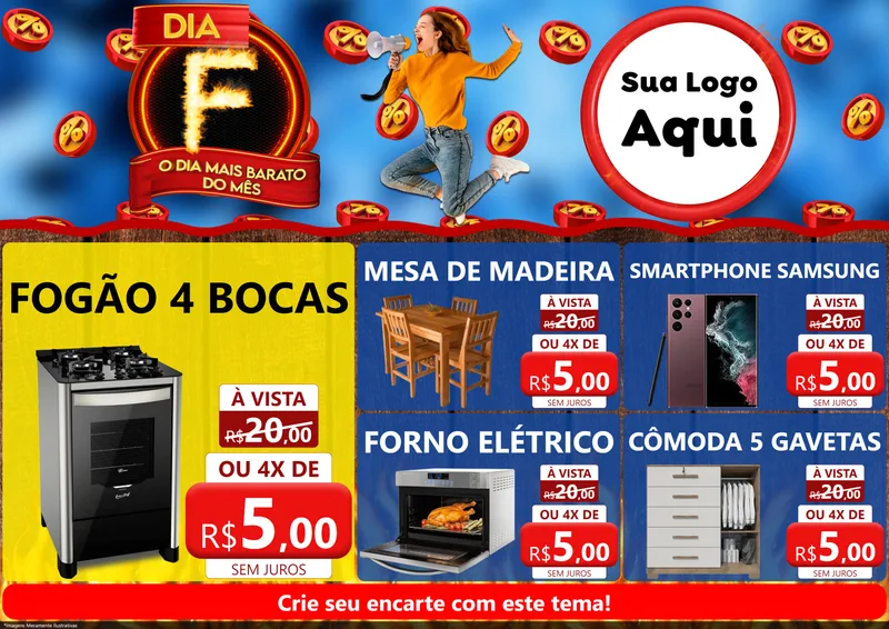 Modelo de Encarte para Encarte A4 Horizontal com o tema Dia F - O Dia Mais Barato Do Mês para Móveis e Eletro