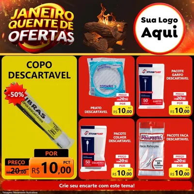 Modelo de Rede Social para Feed Facebook com o tema Janeiro Quente de Ofertas para Embalagens