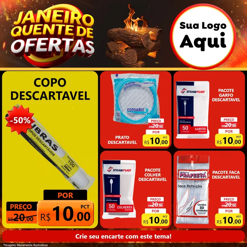 Modelo de Rede Social para Feed Facebook com o tema Janeiro Quente de Ofertas para Embalagens