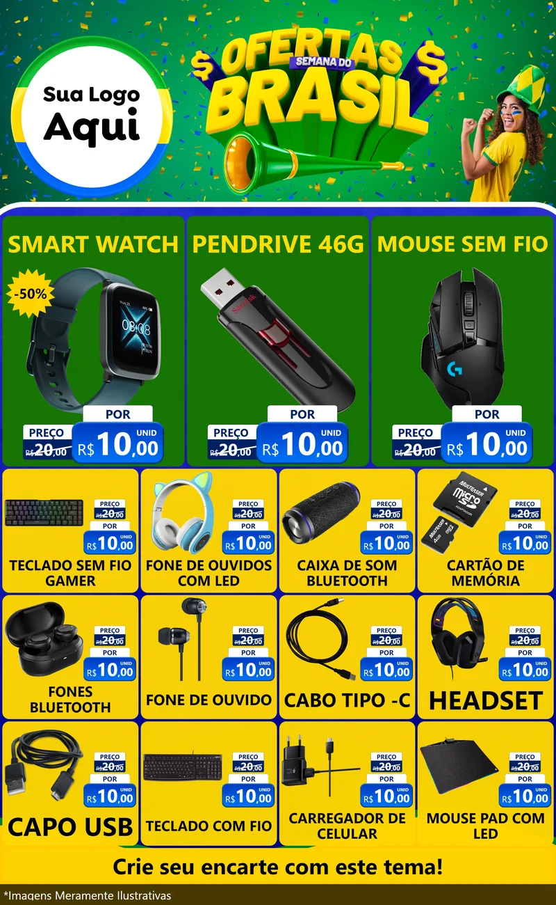 Modelo de Encarte para Encarte Grande com o tema Ofertas Semana do Brasil para Informática