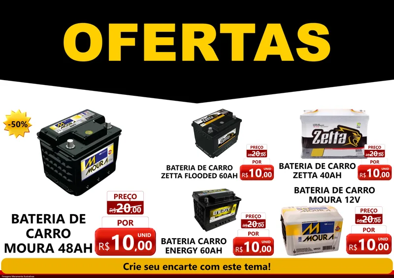 Modelo de Encarte para Encarte A4 Horizontal com o tema Ofertas Preto e Vermelho Cartaz para Baterias Elétricas