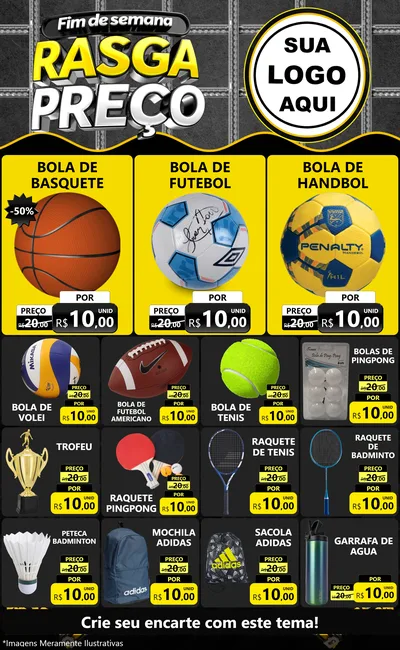 Modelo de Encarte para Encarte Grande com o tema Fim de Semana Rasga Preço para Artigos Esportivos