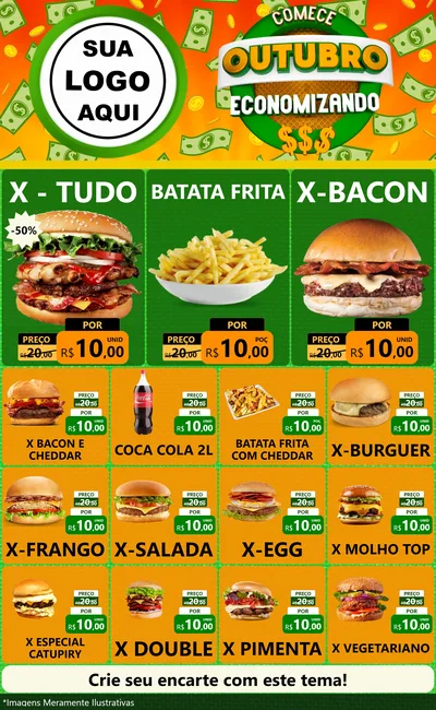 Modelo de Encarte para Encarte Grande com o tema Comece Outubro Economizando para Hamburgueria