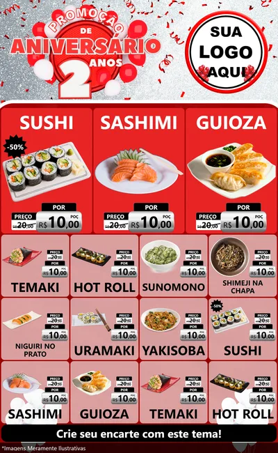 Modelo de Encarte para Encarte Grande com o tema Promoção de Aniversário - 2 Anos para Comida japonesa
