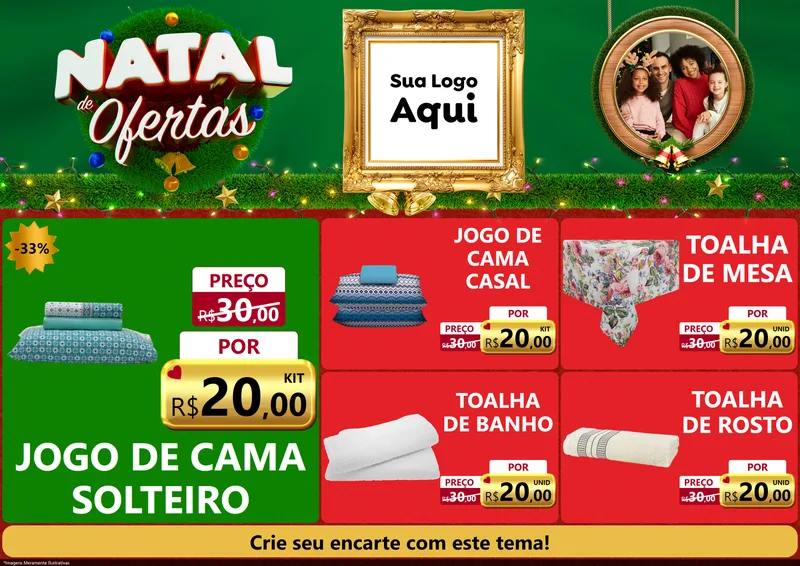 Modelo de Encarte para Encarte A4 Horizontal com o tema Natal de Ofertas para Cama, Mesa e Banho