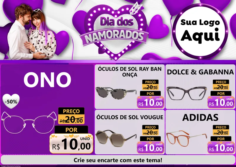 Modelo de Encarte para Encarte A4 Horizontal com o tema Dia dos Namorados para Óticas