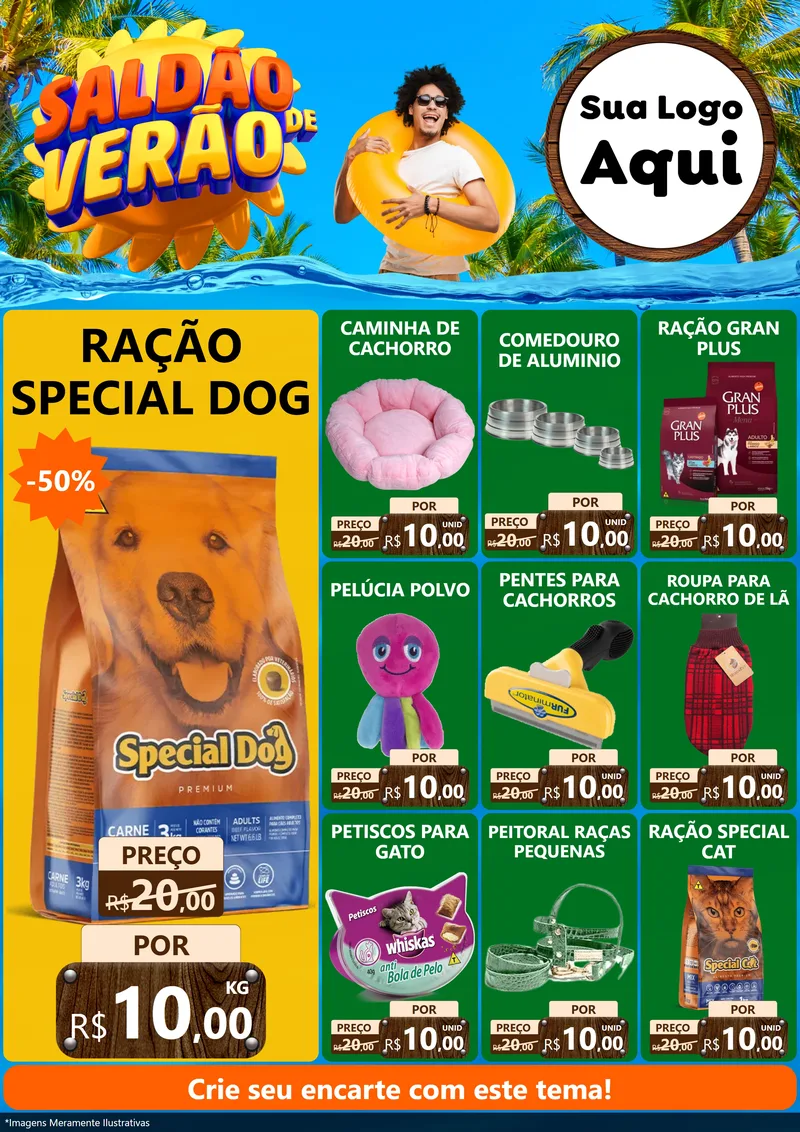 Modelo de Encarte para Encarte A4 Vertical com o tema Saldão de Verão para Pet Shop