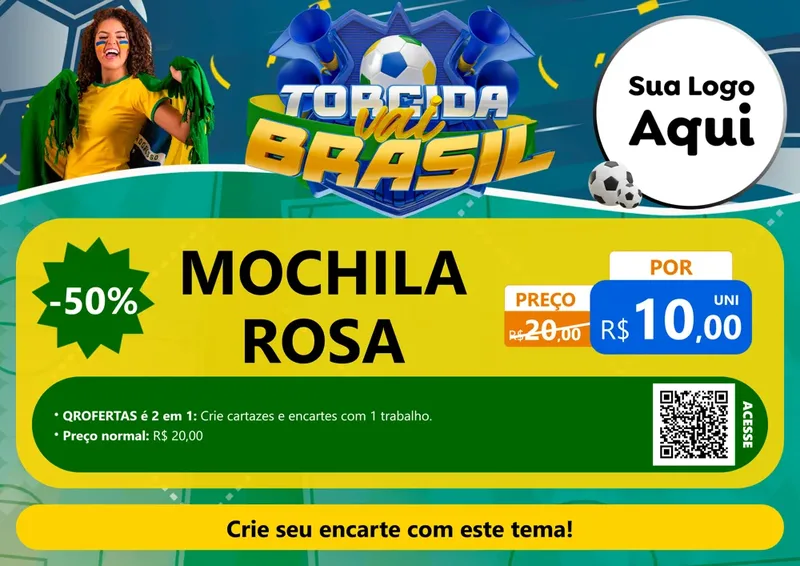 Modelo de Cartaz para Cartaz A4 Horizontal com o tema Torcida Vai Brasil - Copa para Papelaria