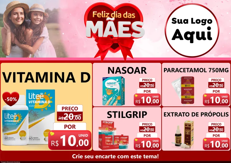 Modelo de Encarte para Encarte A4 Horizontal com o tema Feliz Dia Das Mães para Farmácia
