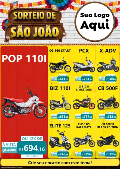 Modelo de Encarte para Encarte A4 Vertical com o tema Sorteio de São João para Concessionaria de Motos