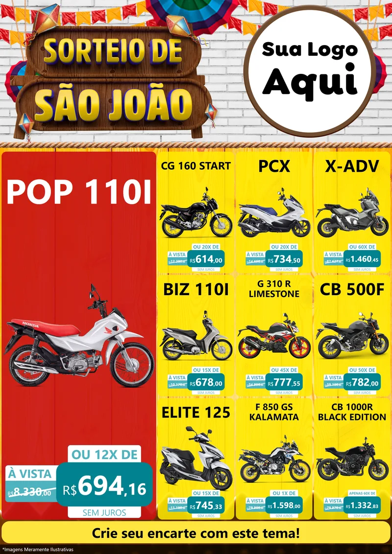 Modelo de Encarte para Encarte A4 Vertical com o tema Sorteio de São João para Concessionaria de Motos