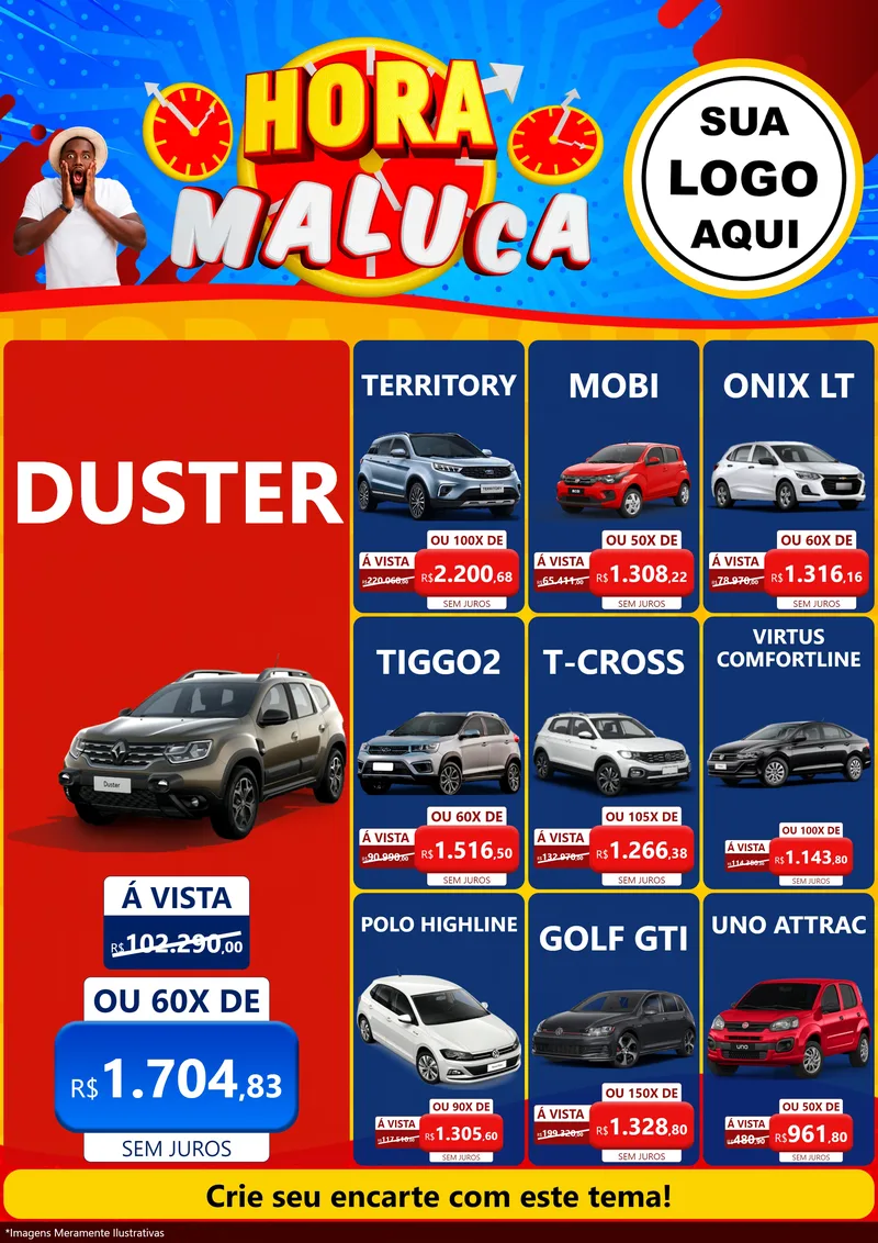 Modelo de Encarte para Encarte A4 Vertical com o tema Hora Maluca para Concessionaria de Carros