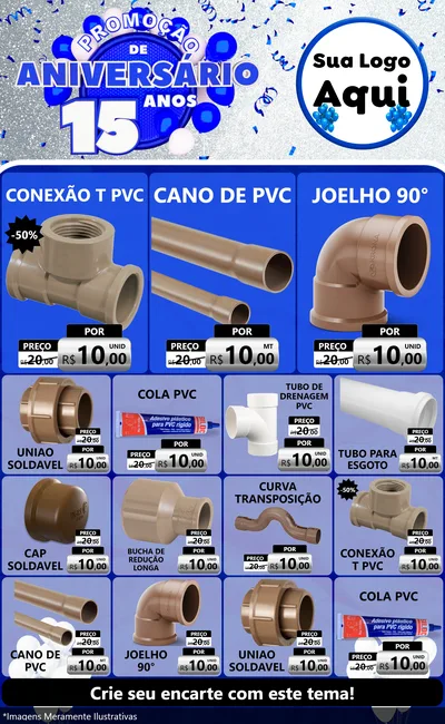 Modelo de Encarte para Encarte Grande com o tema Promoção de Aniversário - 15 Anos para Tubos e conexões