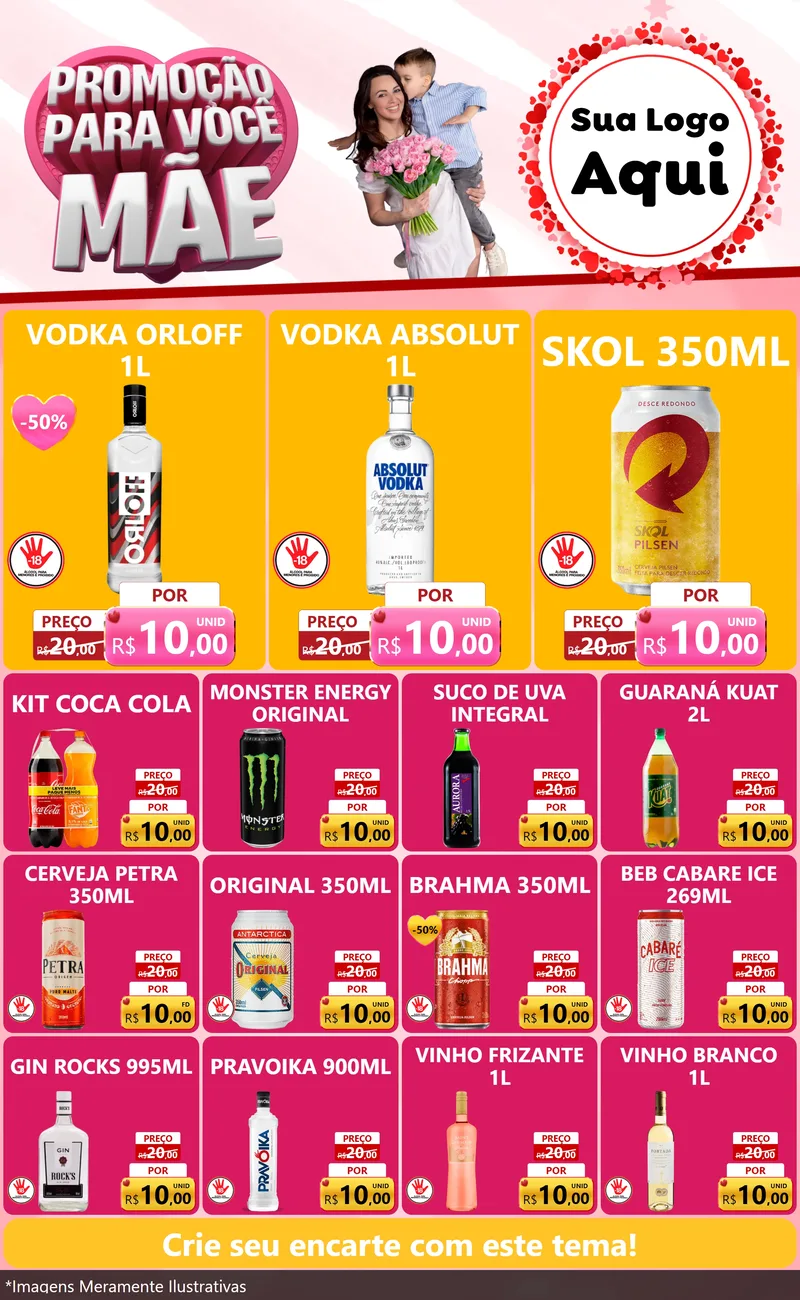 Modelo de Encarte para Encarte Grande com o tema Promoção Para Você Mãe para Distribuidora de bebidas