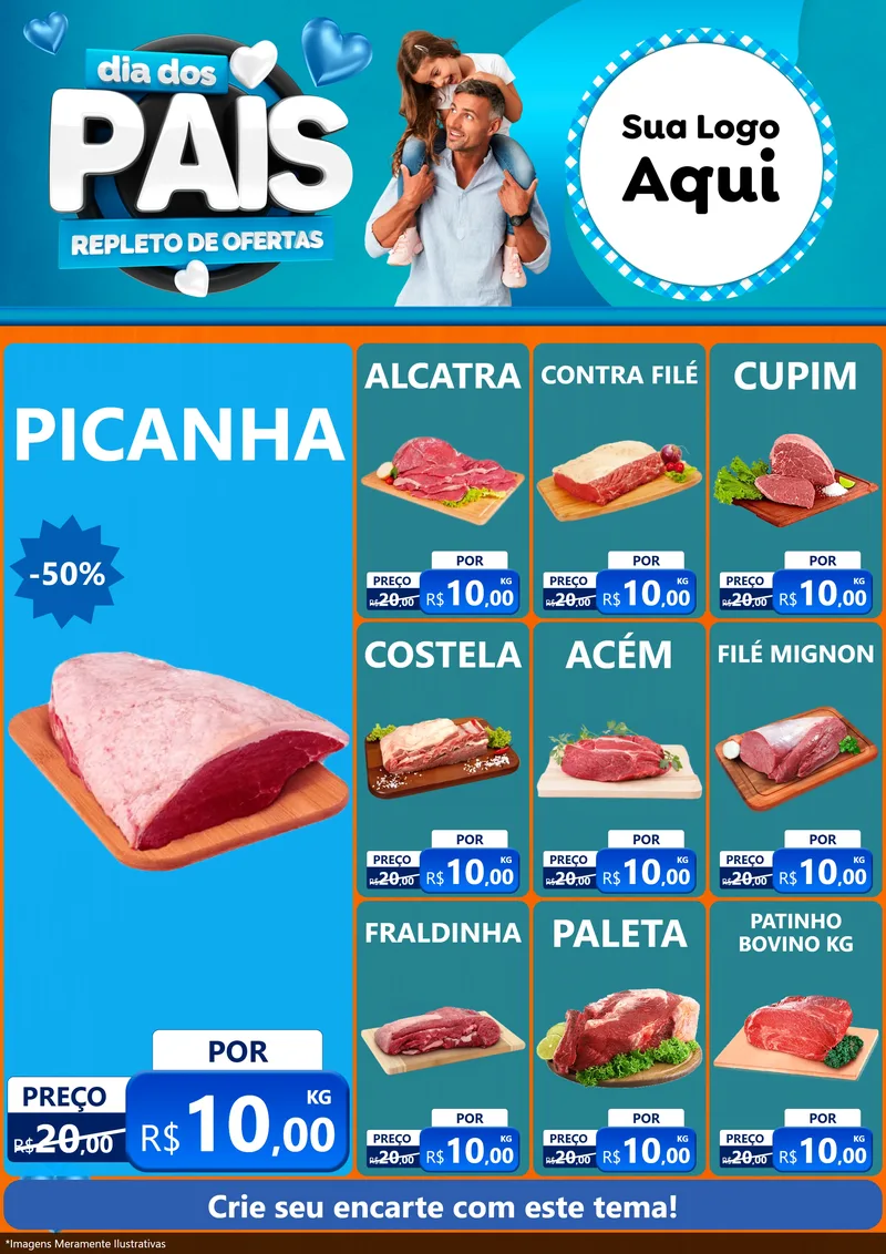 Modelo de Encarte para Encarte A4 Vertical com o tema Dia Dos Pais Repleto de Ofertas para Açougue