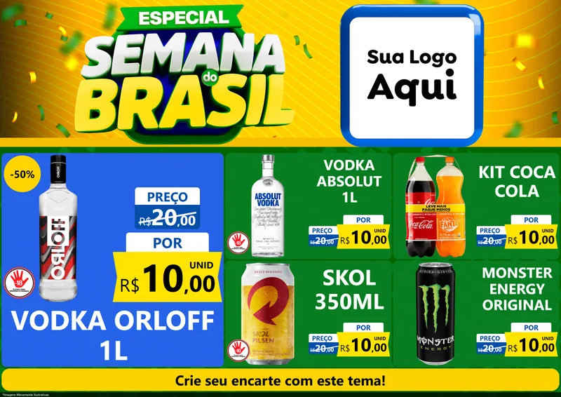 Modelo de Encarte para Encarte A4 Horizontal com o tema Especial Semana do Brasil para Distribuidora de bebidas