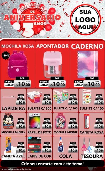 Modelo de Encarte para Encarte Grande com o tema Promoção de Aniversário - 3 Anos para Papelaria