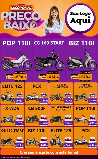 Modelo de Encarte para Encarte Grande com o tema Semana do Preço Baixo para Concessionaria de Motos