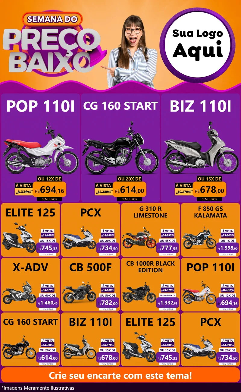 Modelo de Encarte para Encarte Grande com o tema Semana do Preço Baixo para Concessionaria de Motos