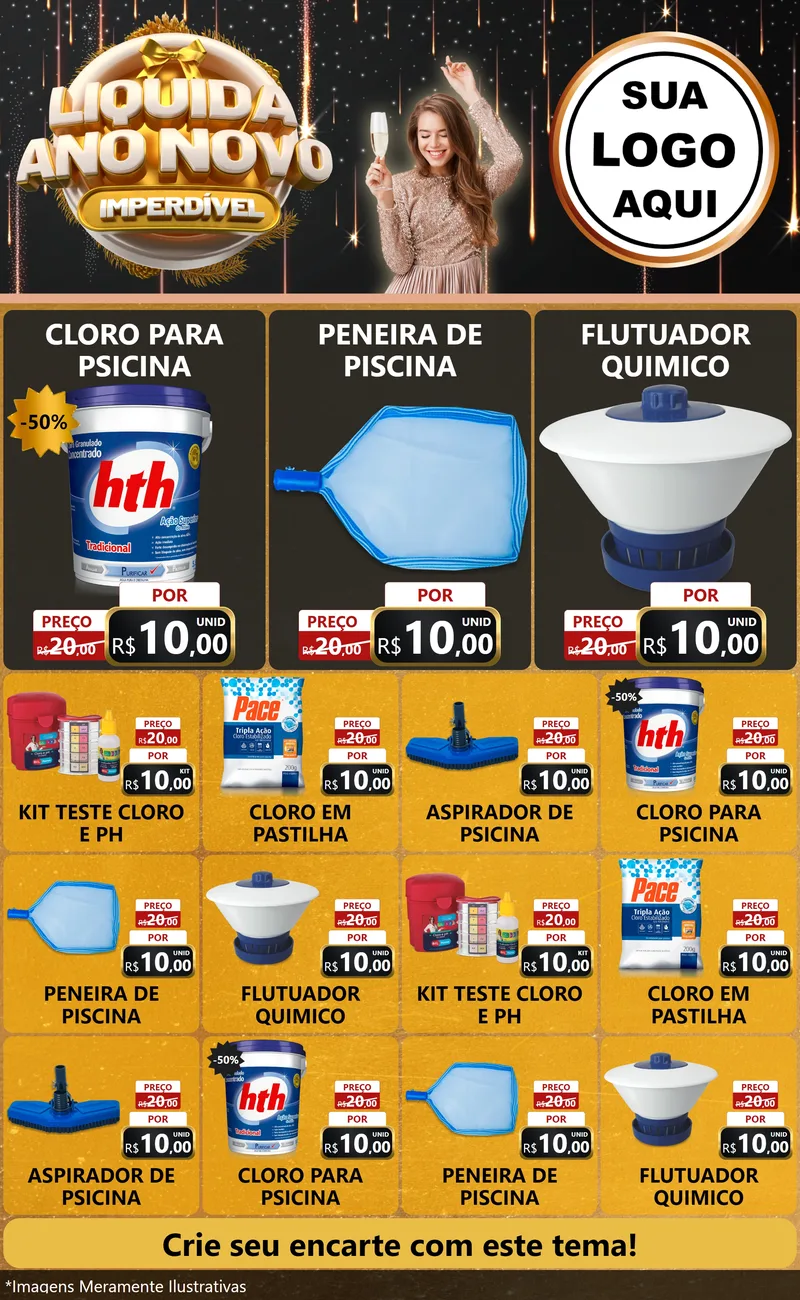 Modelo de Encarte para Encarte Grande com o tema Liquida Ano Novo Imperdível para Produtos para Piscina