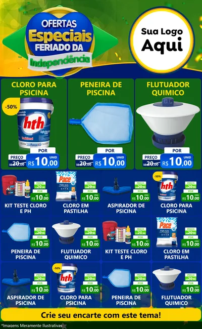 Modelo de Encarte para Encarte Grande com o tema Ofertas Especiais Feriado da Independência para Produtos para Piscina