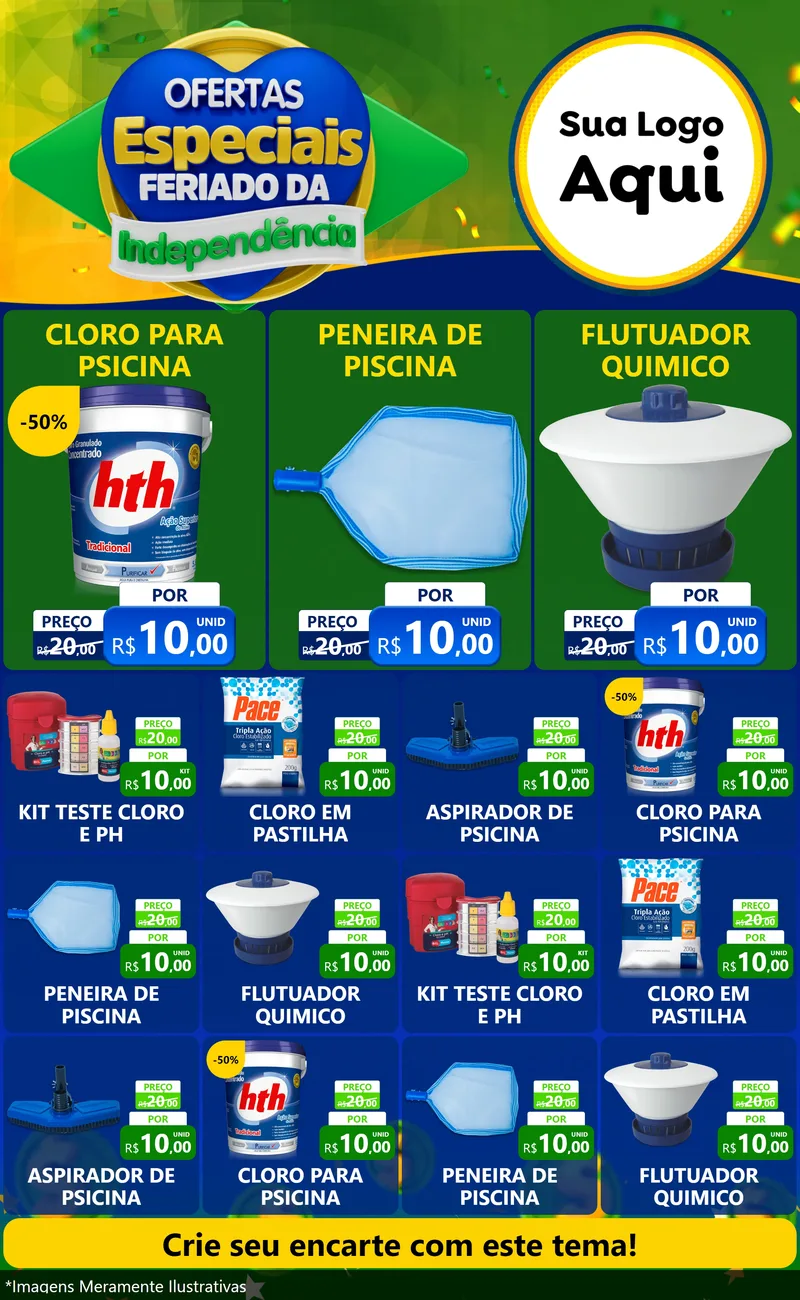 Modelo de Encarte para Encarte Grande com o tema Ofertas Especiais Feriado da Independência para Produtos para Piscina