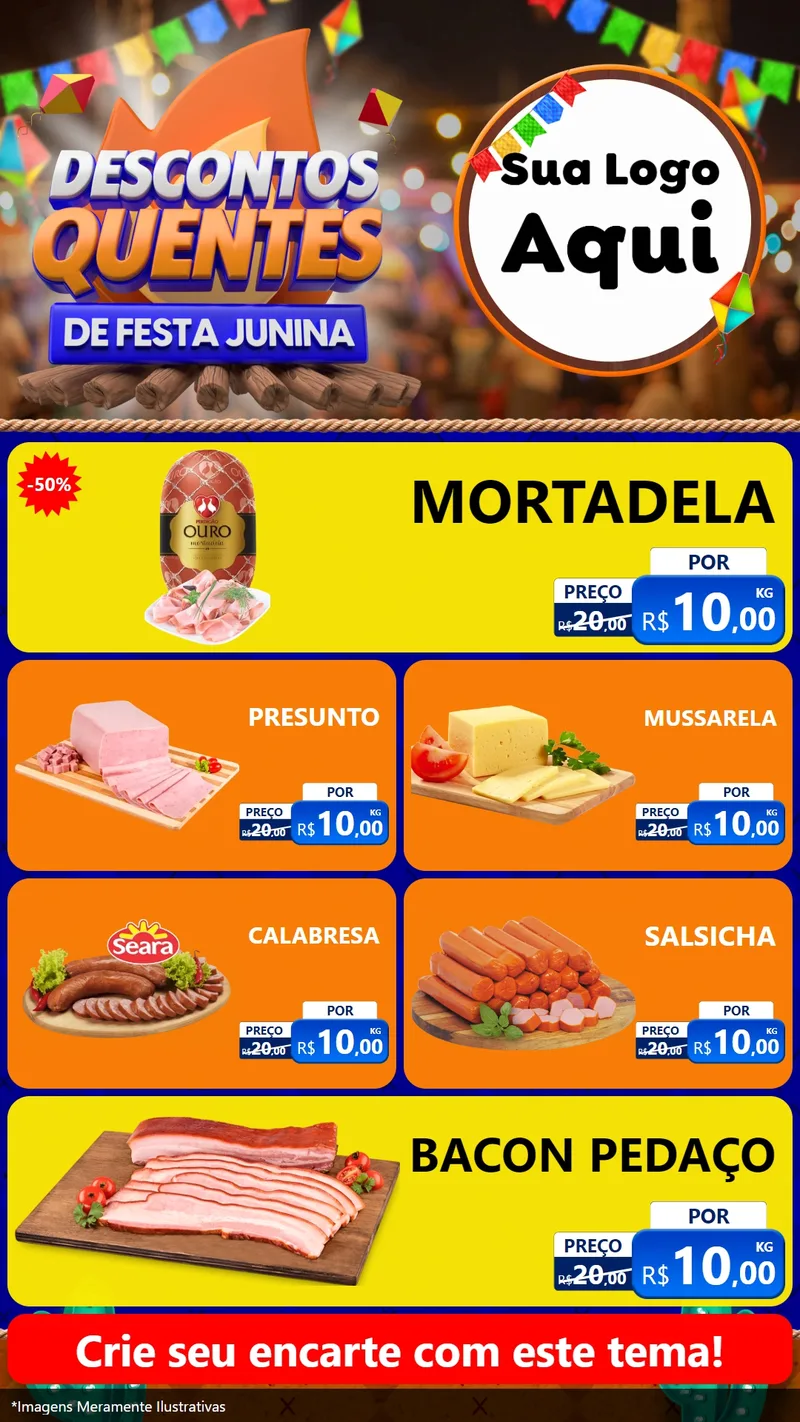 Modelo de TV para TV Vertical com o tema Descontos Quentes de Festa Junina para Frios e Laticínios