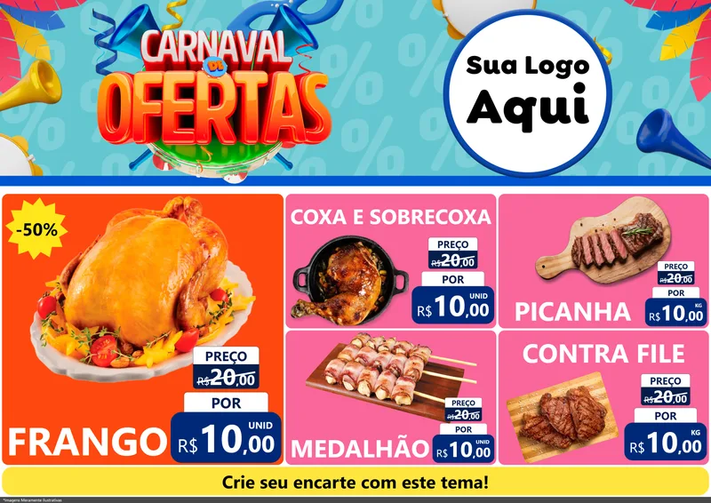 Modelo de Encarte para Encarte A4 Horizontal com o tema Carnaval de Ofertas para Assados