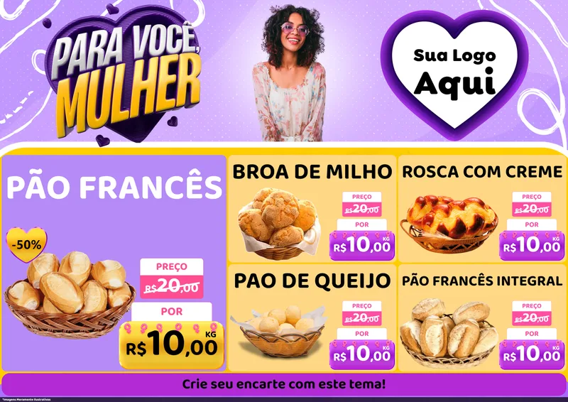 Modelo de Encarte para Encarte A4 Horizontal com o tema Para Você, Mulher para Padaria