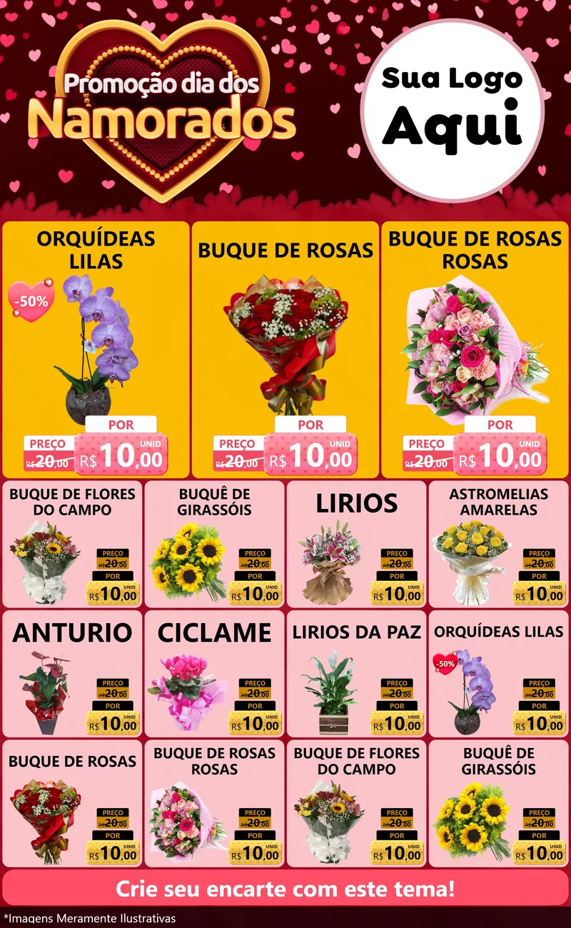 Modelo de Encarte para Encarte Grande com o tema Promoção Dia Dos Namorados para Floricultura e jardim
