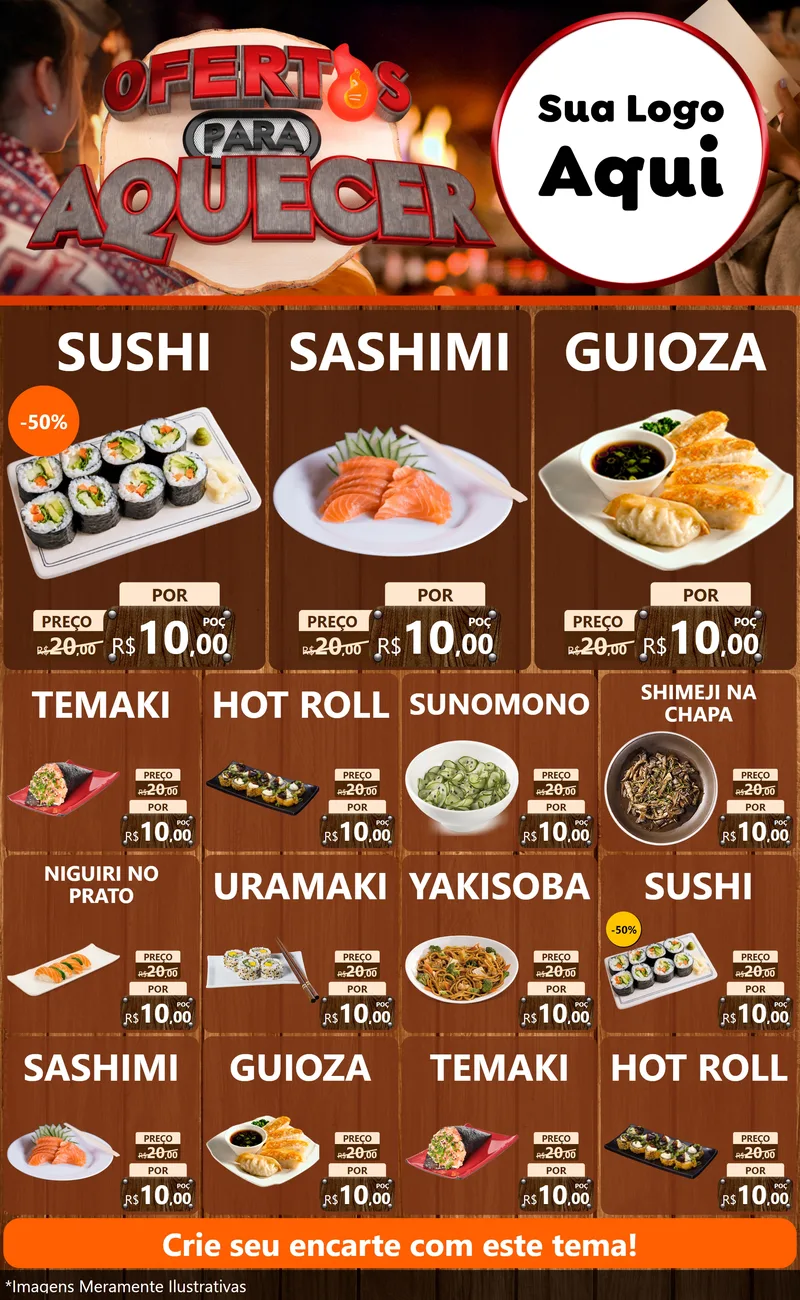 Modelo de Encarte para Encarte Grande com o tema Ofertas Para Aquecer para Comida japonesa