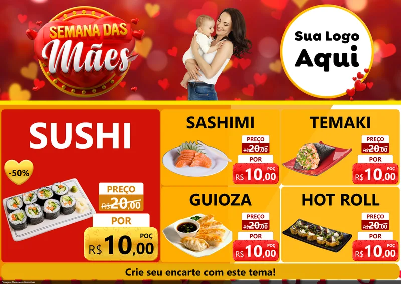 Modelo de Encarte para Encarte A4 Horizontal com o tema Semana das Mães para Comida japonesa