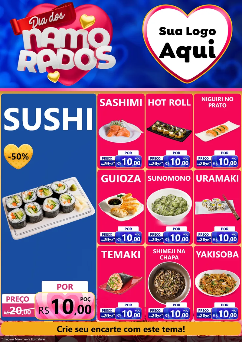 Modelo de Encarte para Encarte A4 Vertical com o tema Dia dos namorados para Comida japonesa