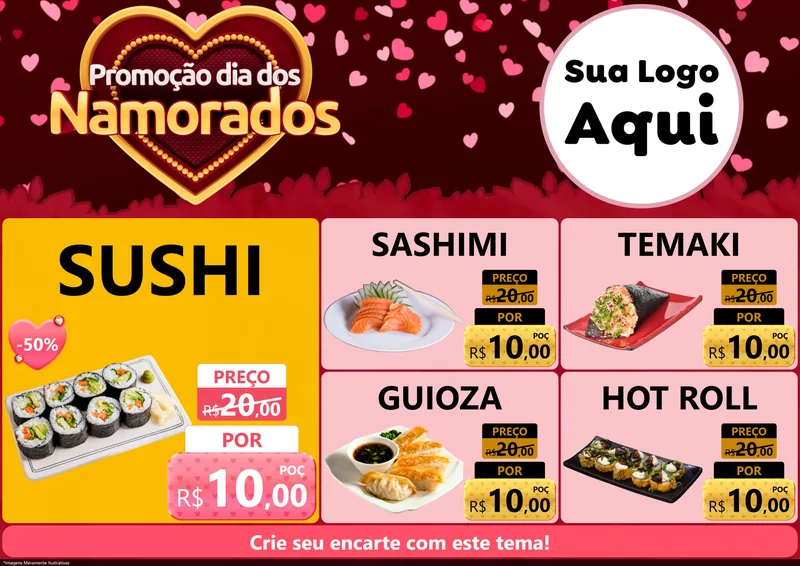 Modelo de Encarte para Encarte A4 Horizontal com o tema Promoção Dia Dos Namorados para Comida japonesa