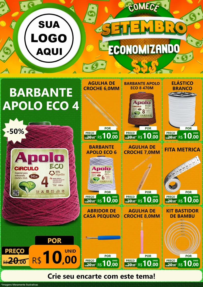Modelo de Encarte para Encarte A4 Vertical com o tema Comece Setembro Economizando para Armarinho e Aviamentos
