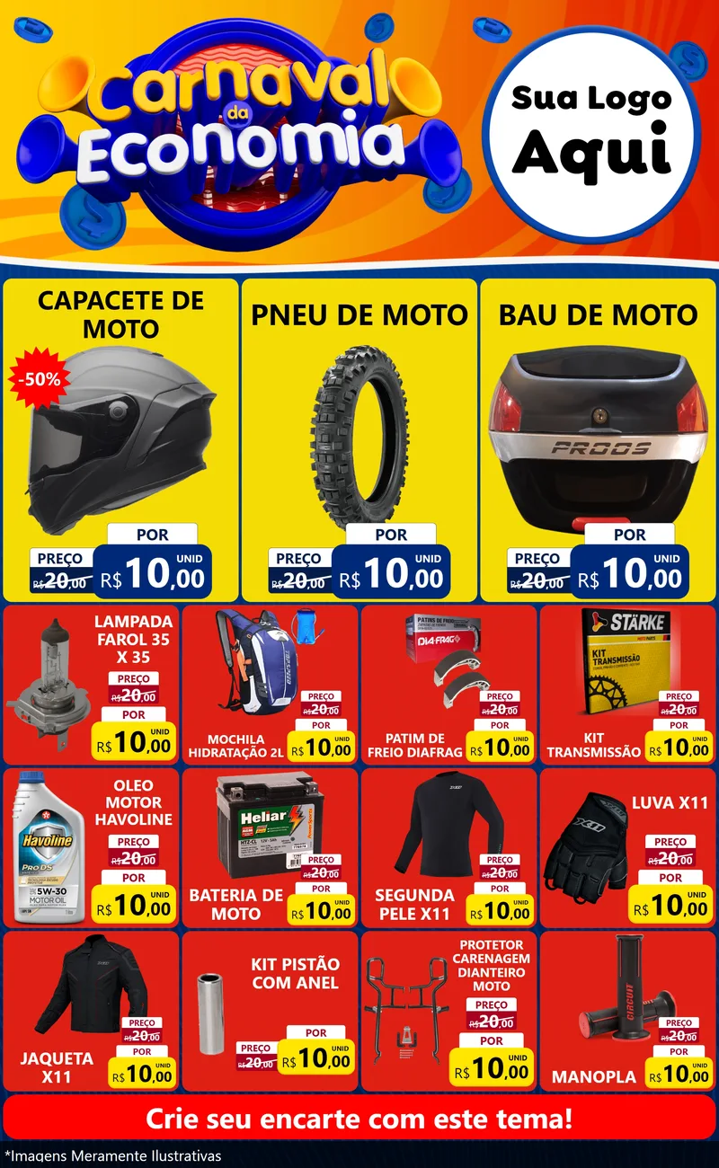 Modelo de Encarte para Encarte Grande com o tema Carnaval da Economia para Moto peças
