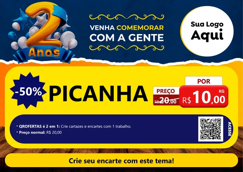 Modelo de Cartaz para Cartaz A4 Horizontal com o tema Aniversário de 2 anos para Açougue