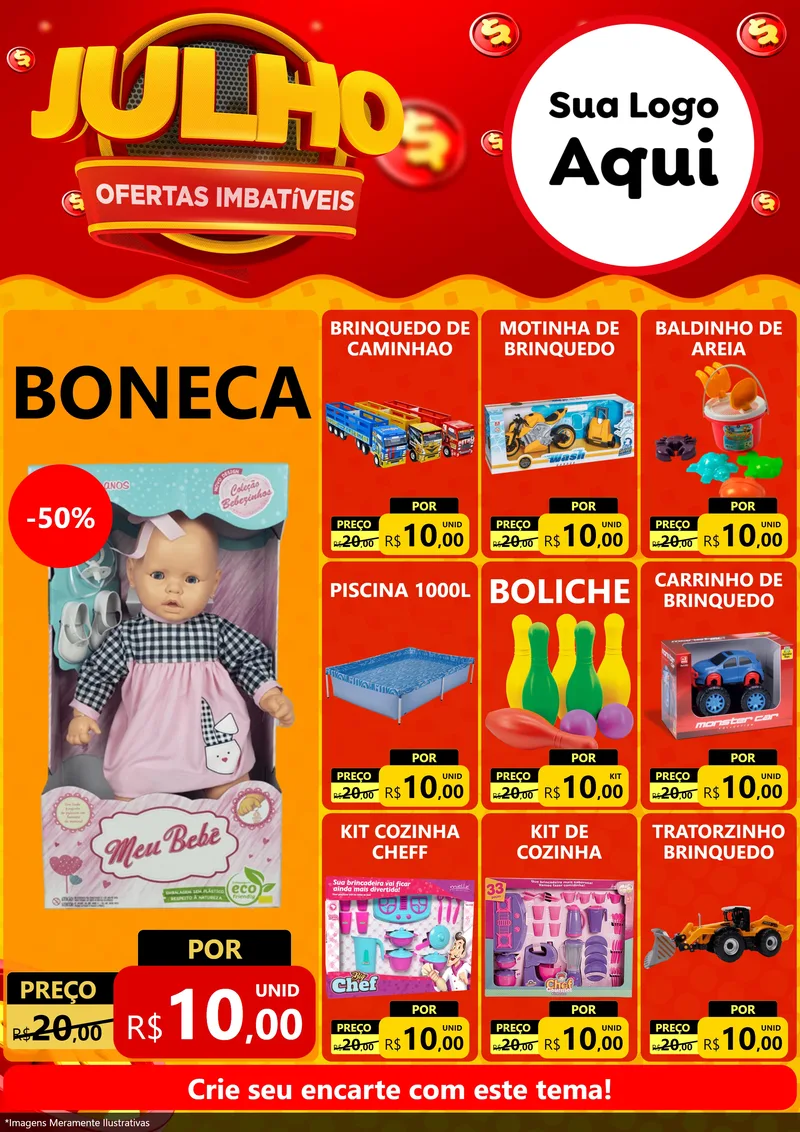 Modelo de Encarte para Encarte A4 Vertical com o tema Julho Ofertas Imbatíveis para Brinquedos