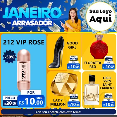 Modelo de Rede Social para Feed Facebook com o tema Janeiro Arrasador para Perfumes