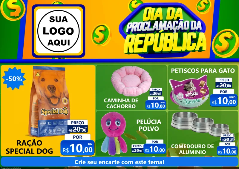 Modelo de Encarte para Encarte A4 Horizontal com o tema Dia Da Proclamação da República para Pet Shop