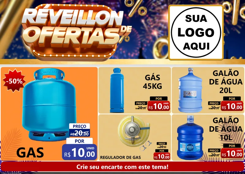 Modelo de Encarte para Encarte A4 Horizontal com o tema Réveillon de Ofertas para Água e gás