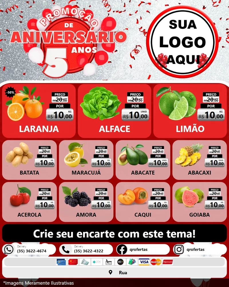 Modelo de Rede Social para Feed Instagram com o tema Promoção de Aniversário - 5 Anos para Hortifrúti