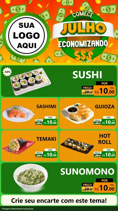 Modelo de TV para TV Vertical com o tema Comece Julho Economizando para Comida japonesa