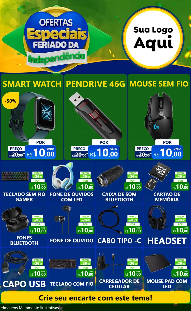 Modelo de Encarte para Encarte Grande com o tema Ofertas Especiais Feriado da Independência para Informática