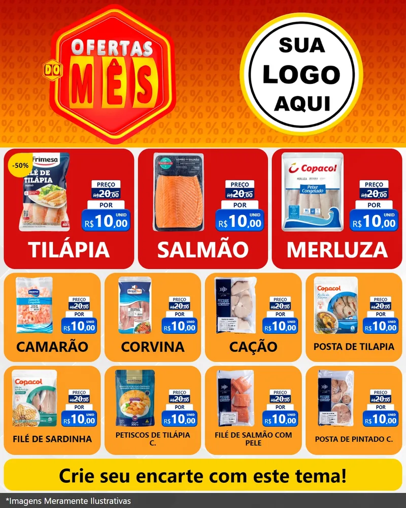 Modelo de Rede Social para Feed Instagram com o tema Ofertas do Mês para Peixaria